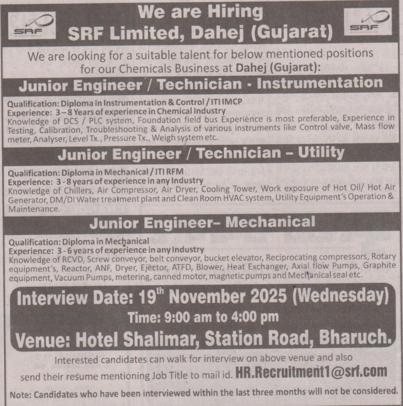  WALK IN INTERVIEW - SRF LIMITED (DAHEJ)