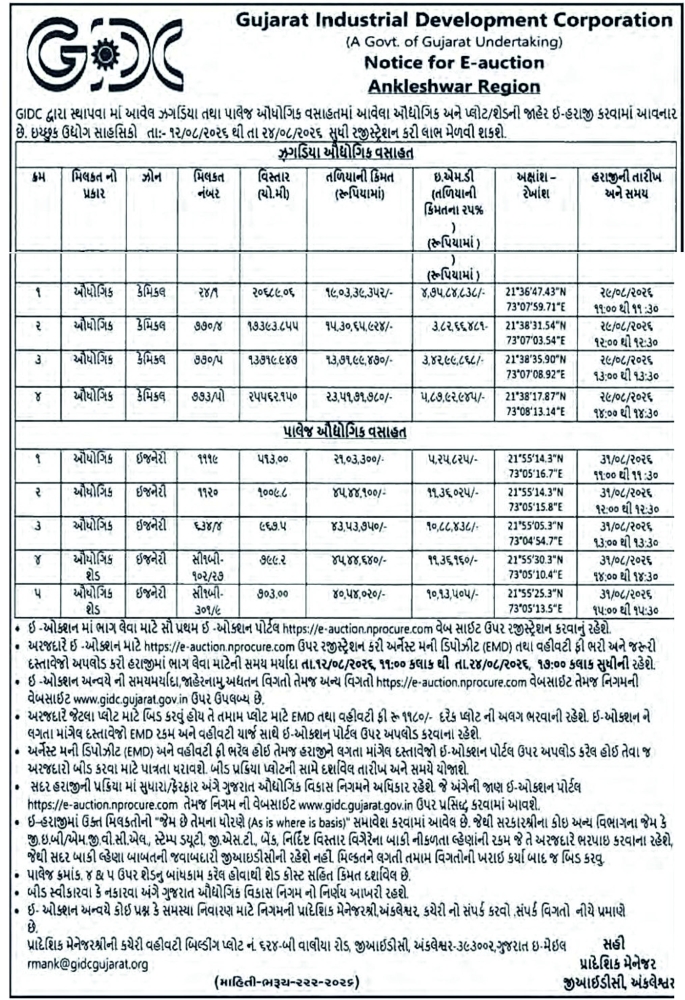 GIDC Notice for E-auction Ankleshwar Region